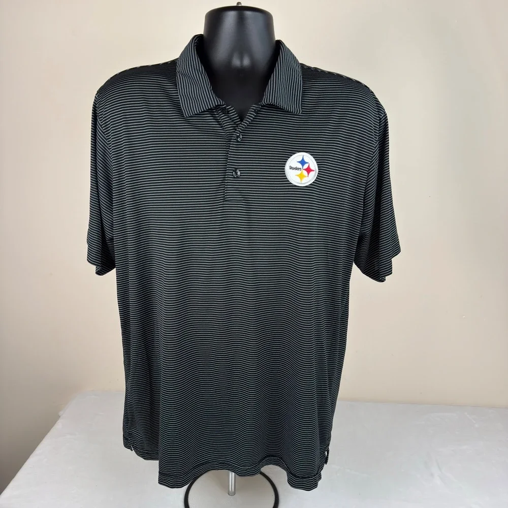 Antigua Pittsburgh Steelers Mens XL Polo Shirt Black White Striped Golf NFL